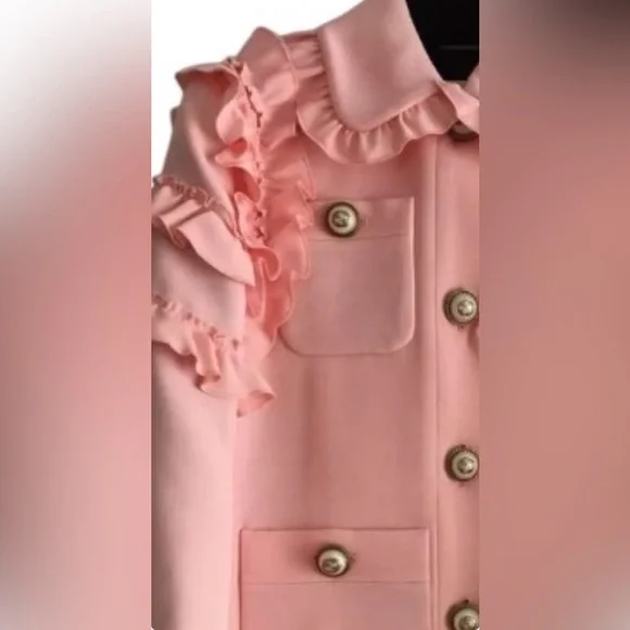 💕SOLD💕GUCCI Ruffle-trimmed Silk And Wool-blend Jacket In blush pink - Picture 7 of 8